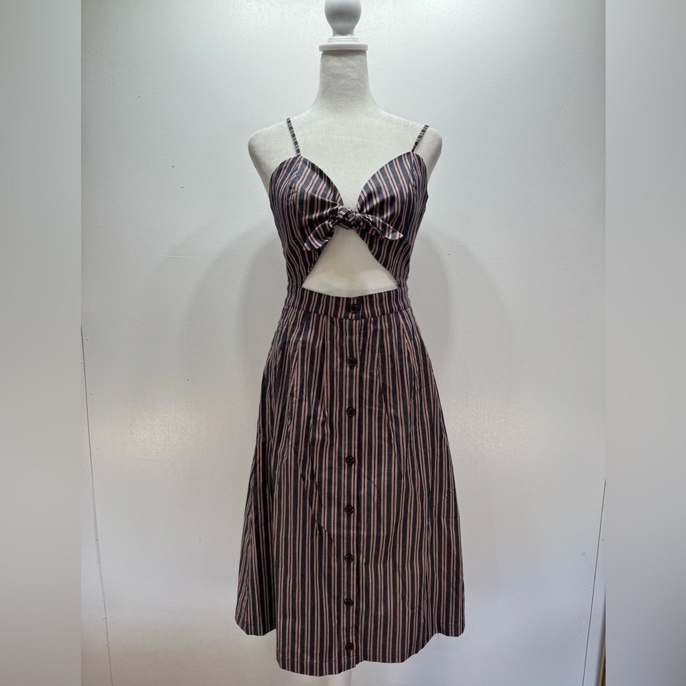 Navy Blue Striped Bare Midriff Coquette Girl Midi Dress by Mo Vint New York - Picture 2 of 11